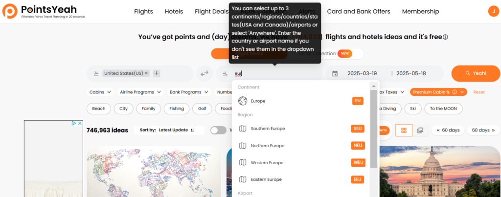 Search for award flight options to Europe on the PointsYeah platform showing European regions.