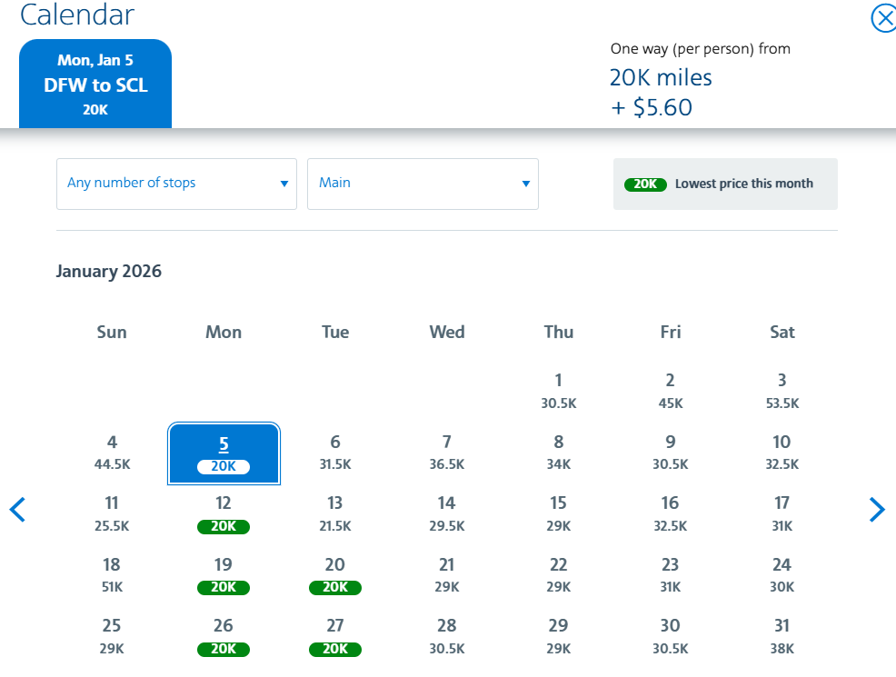 American Airlines award calendar for January 2026 showing one-way flight prices from Dallas to Santiago, Chile starting at 20,000 miles plus $5.60 in taxes.