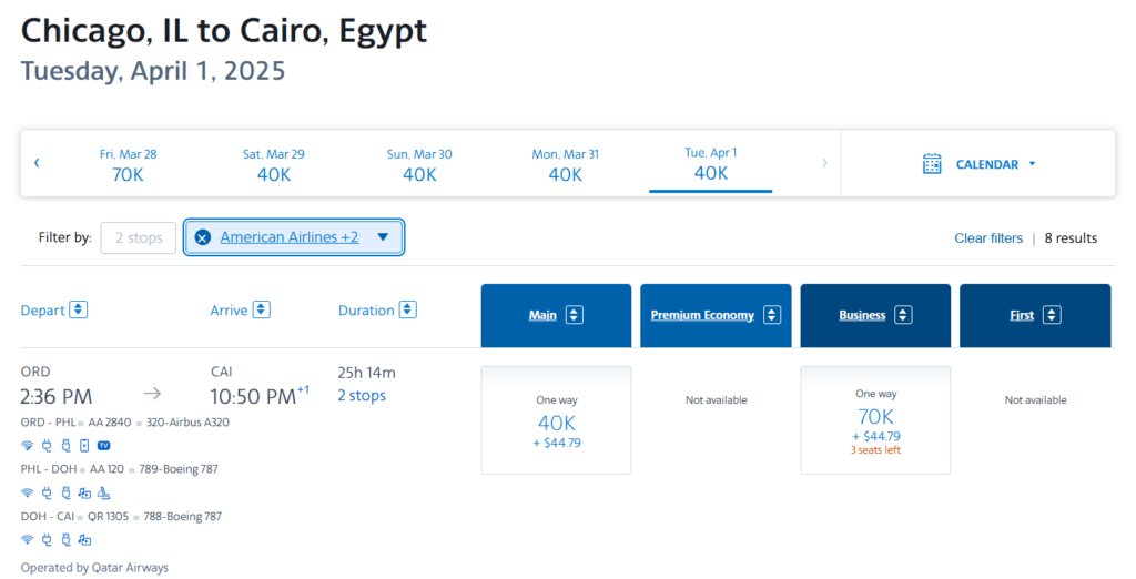 American Airlines award chart showing flights from Chicago to Cairo on April 1, 2025, with economy tickets available for 40K miles and business class for 70K miles plus $44.79 in taxes.