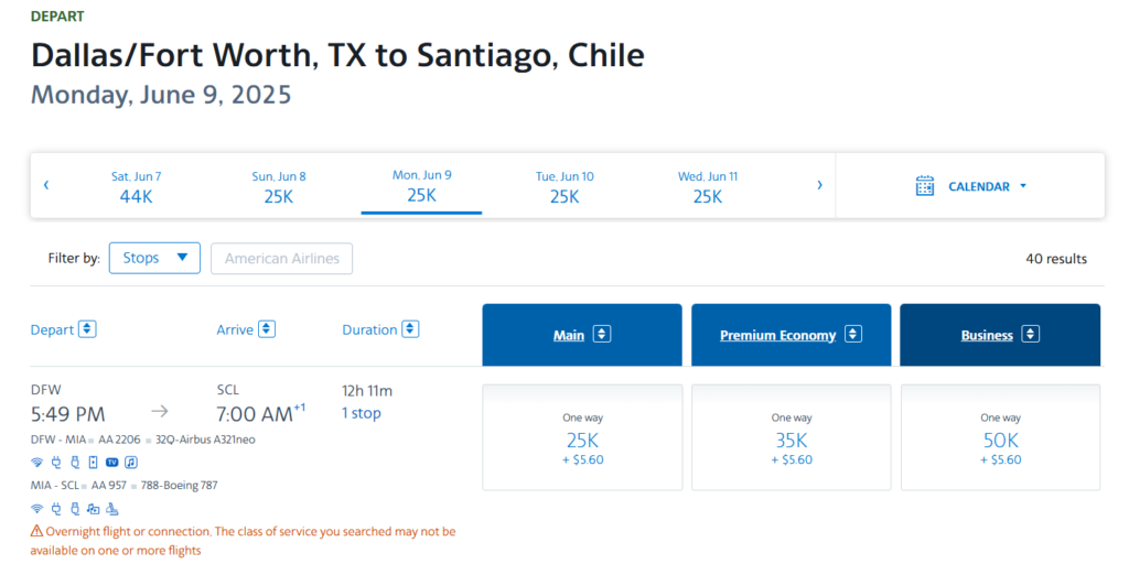 American Airlines award flight options from Dallas to Santiago on June 9, 2025, showing economy from 25K miles and business class for 50K miles plus taxes.