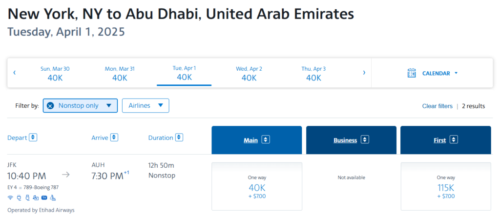 Award chart for flights from New York (JFK) to Abu Dhabi (AUH) on April 1, 2025, showing 40K miles plus $7 for economy and 115K miles plus $7 for first class on Etihad Airways.