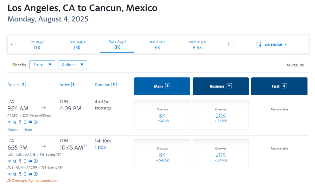 American Airlines award flight options from Los Angeles to Cancun on August 4, 2025, showing economy from 8,000 miles and business class for 20,000 miles plus taxes.