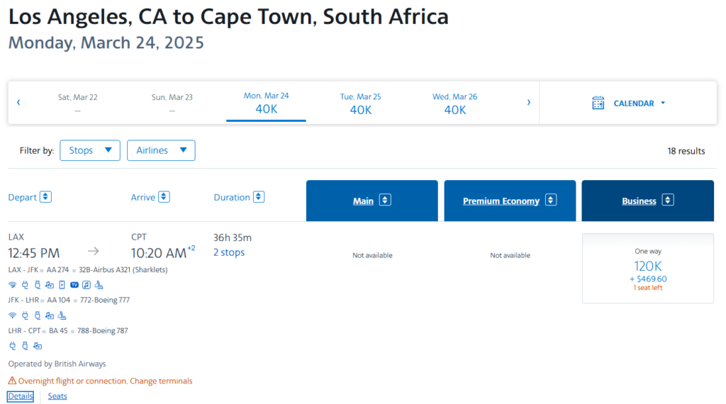 American Airlines and British Airways business class award flight from Los Angeles to Cape Town on March 24, 2025, costing 120K miles and $469.60 in taxes.