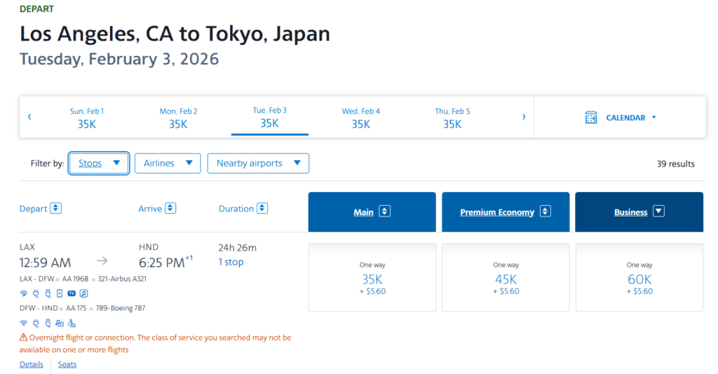 American Airlines award flight from Los Angeles to Tokyo on February 3, 2026, showing economy, premium economy, and business class options with mileage and taxes.