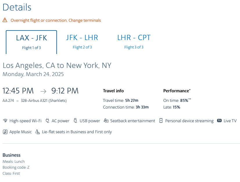 American Airlines business class flight details from Los Angeles to New York on March 24, 2025, showing onboard amenities, schedule, and performance stats.