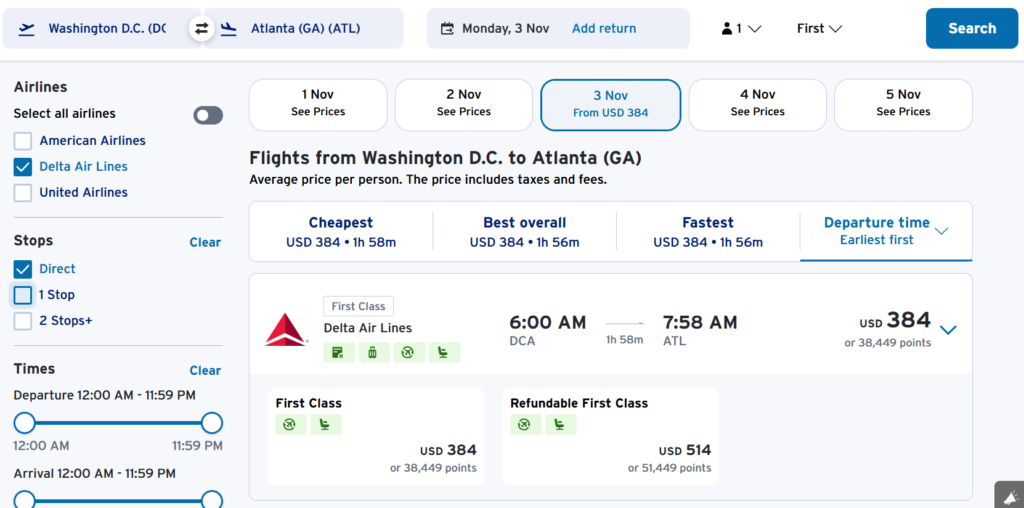 Delta flight in First Class from Washington (DCA) to Atlanta (ATL), booked using all cash, a combination of cash and points, or all points through Citi Travel.