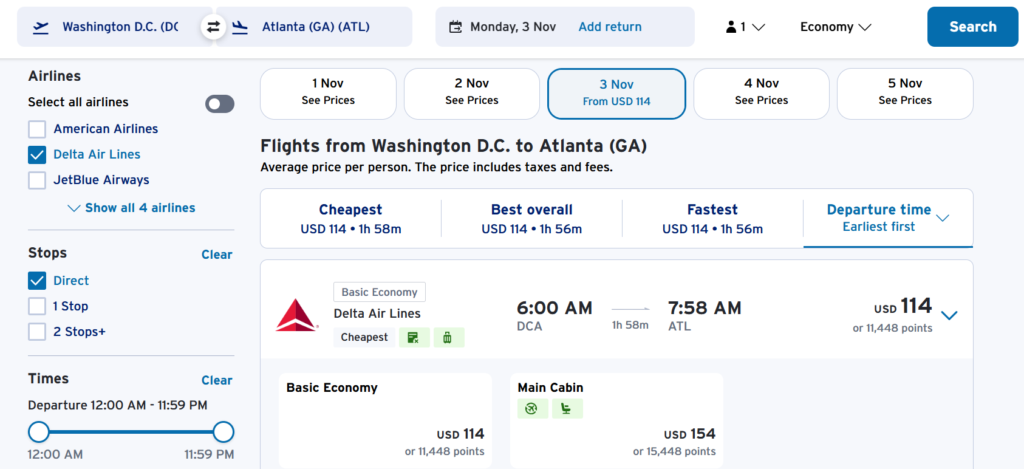 Delta flight in Main Cabin from Washington (DCA) to Atlanta (ATL), booked using all cash, a combination of cash and points, or all points through Citi Travel.