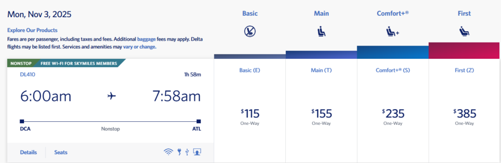 Delta flight from Washington (DCA) to Atlanta (ATL) using cash