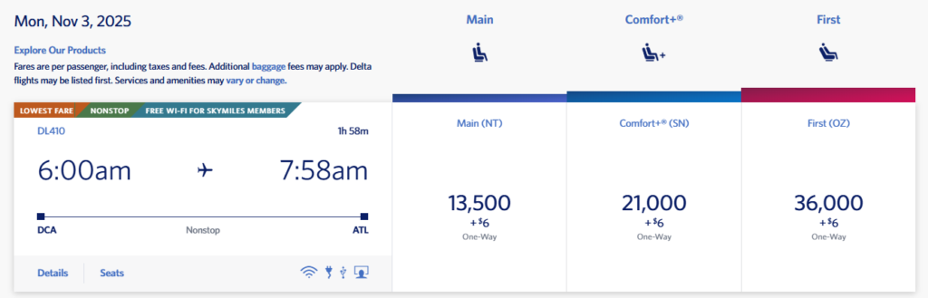 Delta flight from Washington (DCA) to Atlanta (ATL) using points