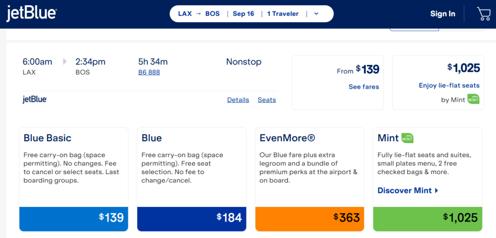 JetBlue flight from Los Angeles (LAX) to Boston (BOS) using cash