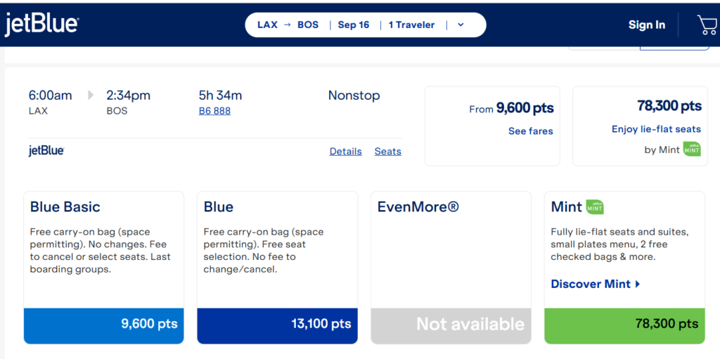 JetBlue flight from Los Angeles (LAX) to Boston (BOS) using points