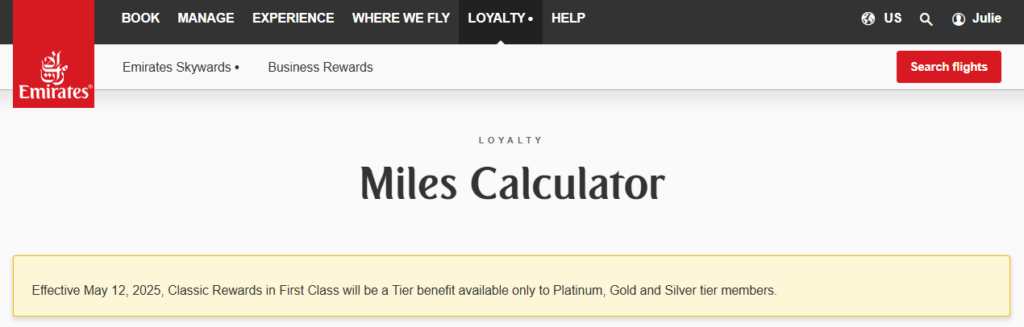 Emirates Skywards' Miles Calculator