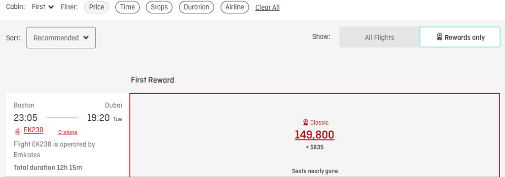Qantas flight from Boston (BOS) to Dubai (DXB)