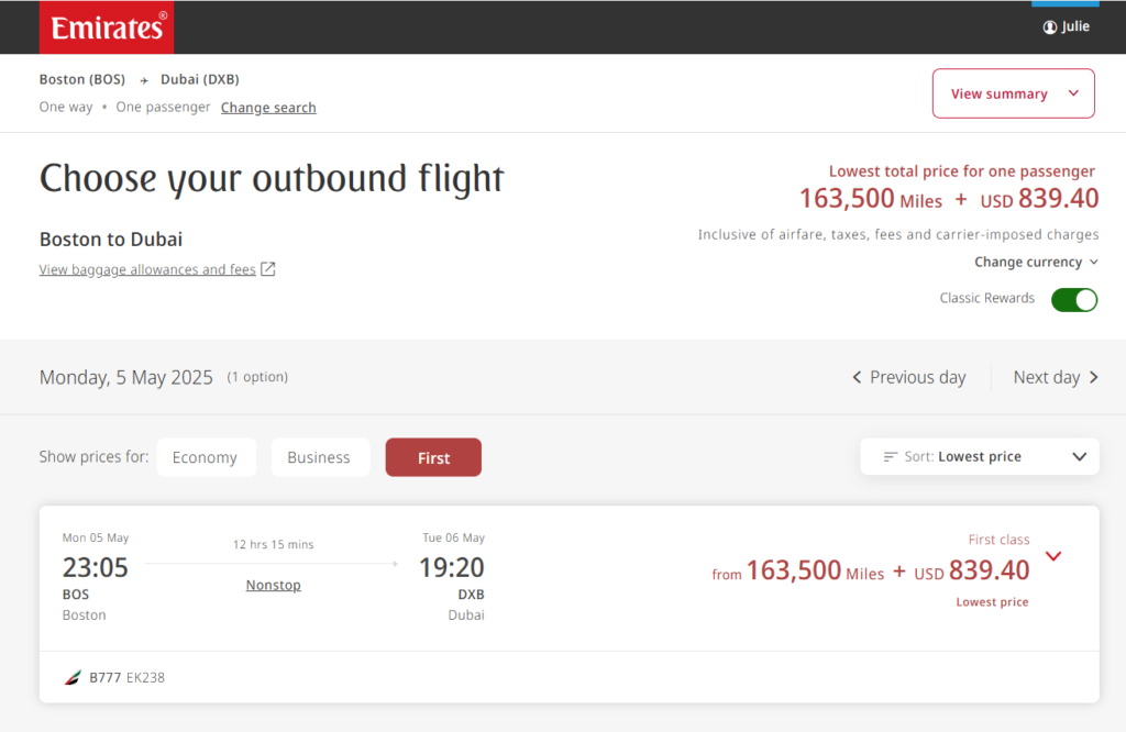 Round-trip flight with Emirates from Boston (BOS) to Dubai (DXB)