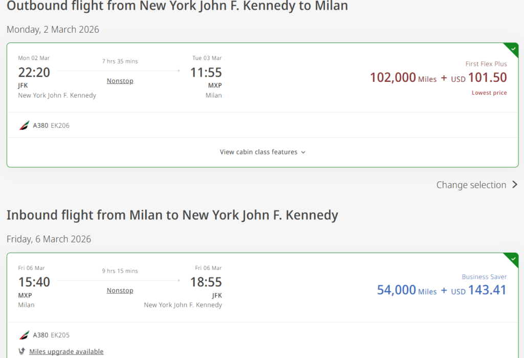 Round-trip flight with Emirates from New York (JFK) to Milan (MXP)