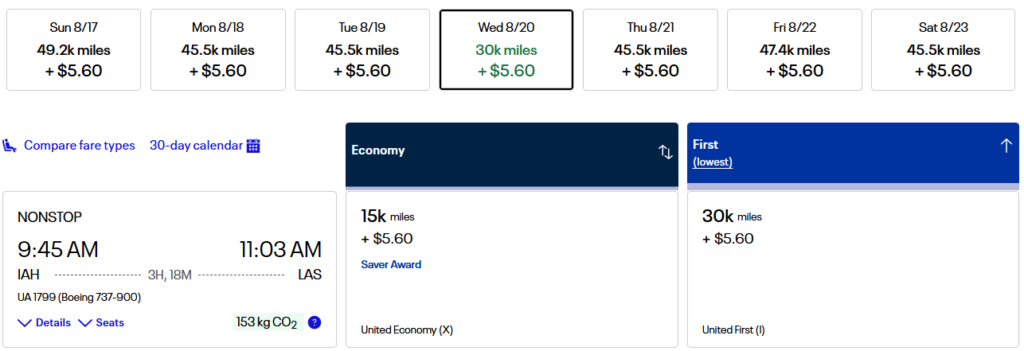 United flight from Houston (IAH) to Las Vegas (LAS) using miles
