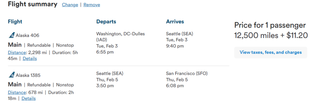 Alaska Airlines multi-city award flight summary showing itinerary from Washington DC to Seattle and Seattle to San Francisco for 12,500 miles plus $11.20