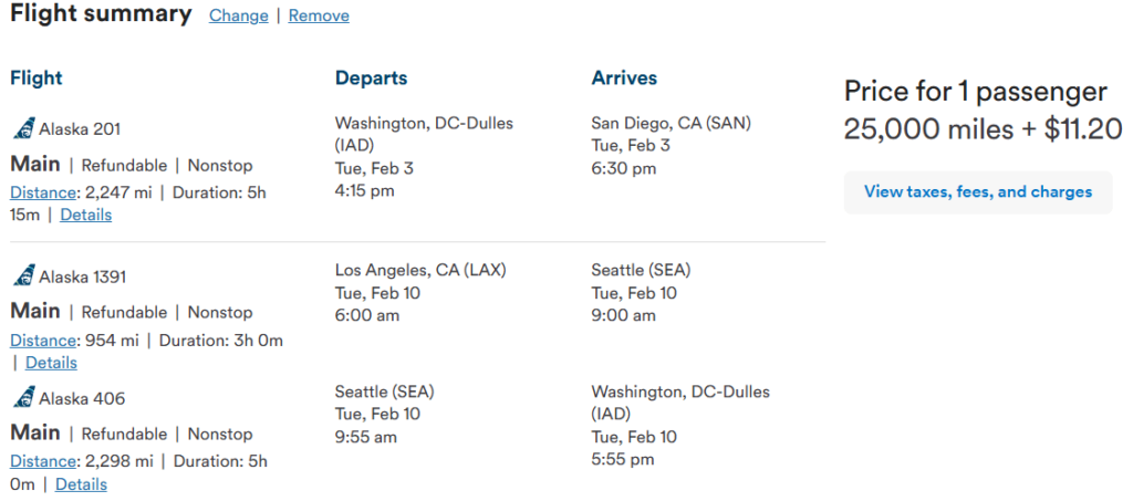 Alaska Airlines award flight roundtrip itinerary for 25,000 miles plus $11.20 including flights from Washington DC, San Diego, Los Angeles, and Seattle