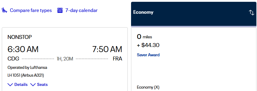 Lufthansa nonstop flight from Paris CDG to Frankfurt FRA with Saver Award fare costing $44.30