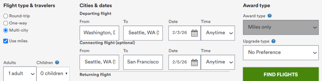 Multi-city award flight booking with miles from Washington, DC to Seattle and Seattle to San Francisco