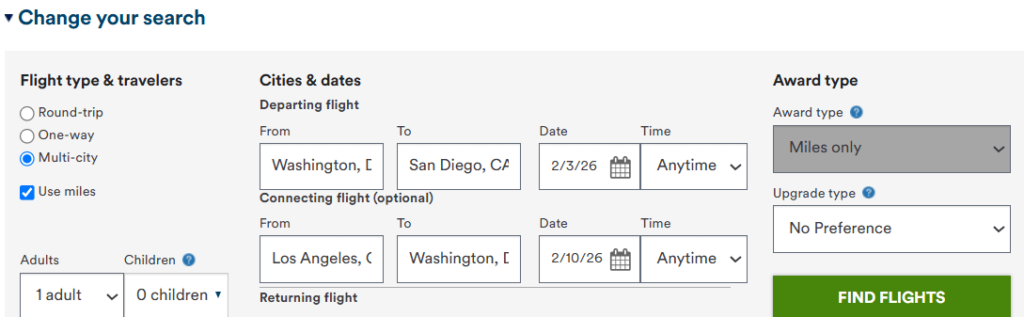 Multi-city award flight search using miles showing itinerary from Washington DC to San Diego and Los Angeles to Washington DC