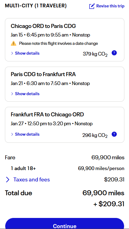 Multi-city award flight itinerary from Chicago to Paris, Paris to Frankfurt, and Frankfurt to Chicago for 69,900 miles plus $209.31 in taxes