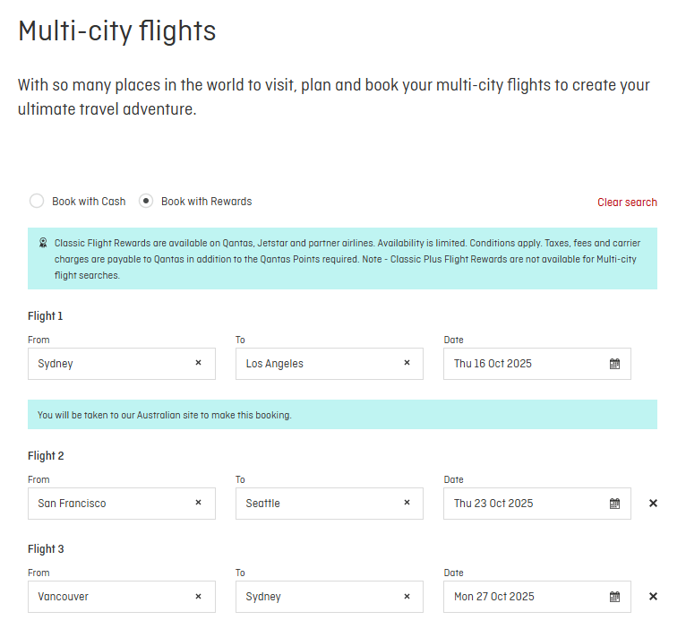 Qantas multi-city reward flight booking showing Sydney to Los Angeles, San Francisco to Seattle, and Vancouver to Sydney using Qantas Points