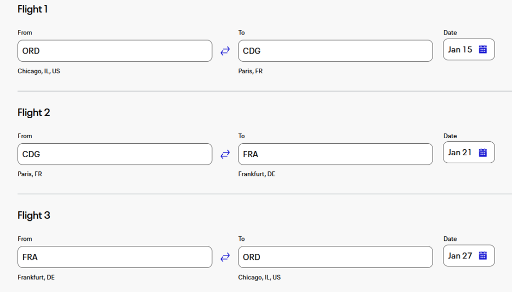 Multi-city itinerary showing flights from Chicago to Paris, Paris to Frankfurt, and Frankfurt back to Chicago