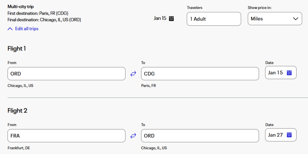 Open-jaw flight itinerary with outbound from Chicago (ORD) to Paris (CDG) and return from Frankfurt (FRA) to Chicago using airline miles