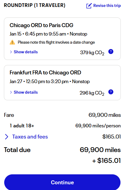 Award flight itinerary showing roundtrip from Chicago to Paris and return from Frankfurt, redeemed using 69,900 miles and $165 in taxes