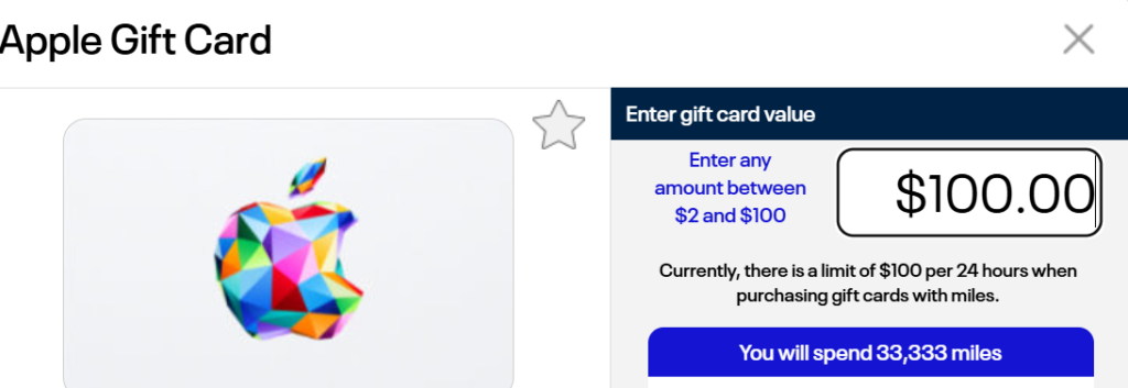 Apple gift card worth 100 USD showing miles redemption option