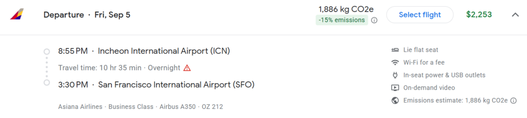 Asiana Airlines business class flight from Incheon to San Francisco on September 5, 2025, showing fare details, lie-flat seats, and $2,253 ticket price.
