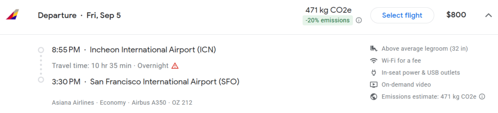 Asiana Airlines economy class flight from Incheon to San Francisco on September 5, 2025 with $800 fare and 471kg CO2 emissions.