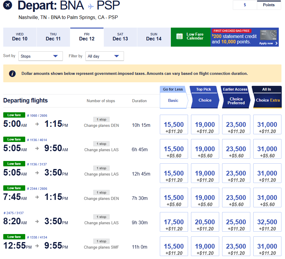 Nashville (BNA) to Palm Springs (PSP) flight options on December 12, 2025, showing connecting flights with award prices starting at 15,500 miles plus $5.60.