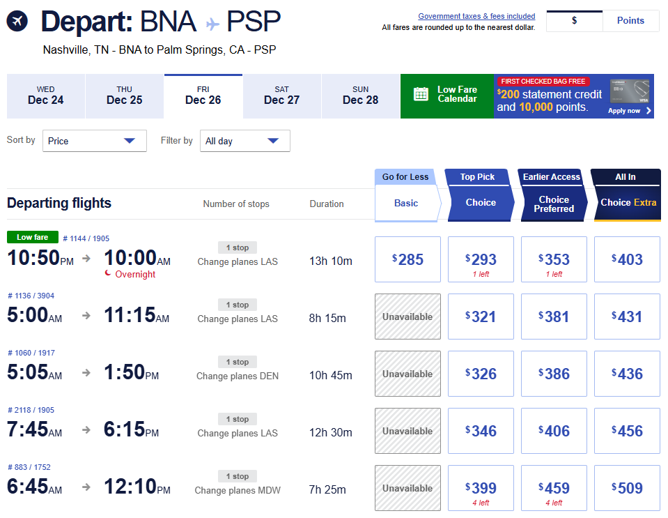 Nashville to Palm Springs December 26 2025 flight options with fares and seat choices