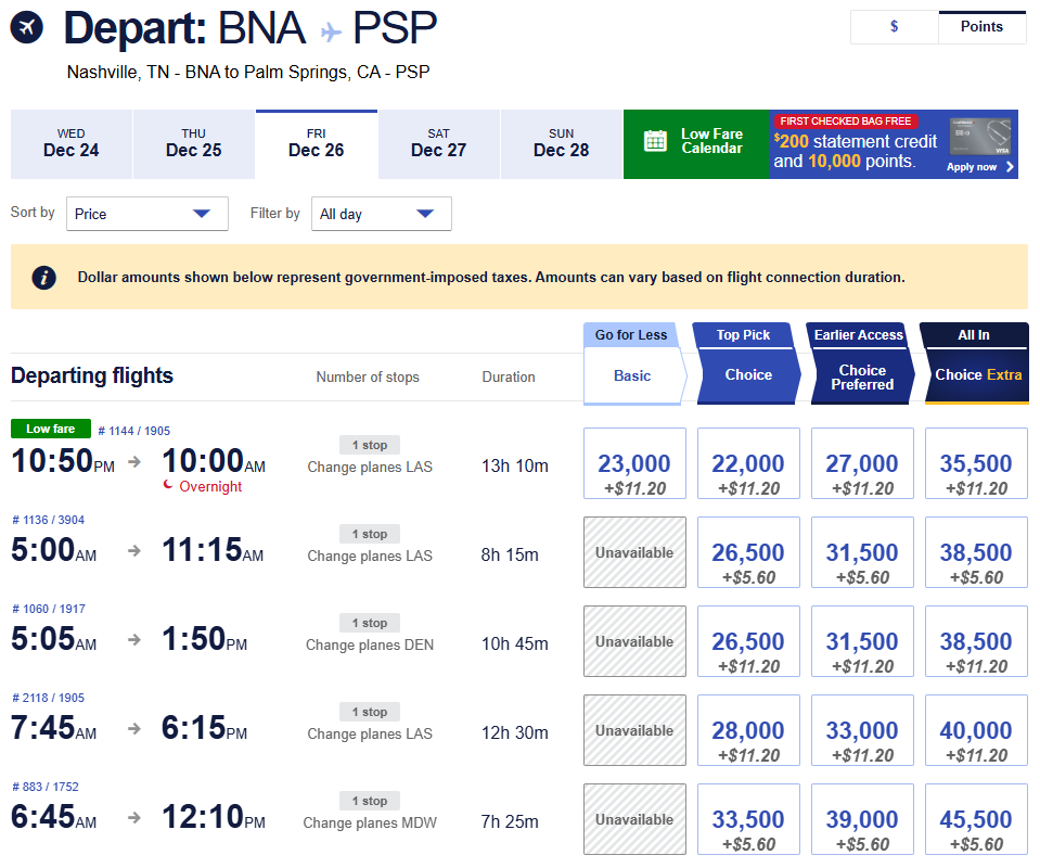 Nashville to Palm Springs December 26 2025 award chart showing flight options, layovers, and mileage costs with fees.
