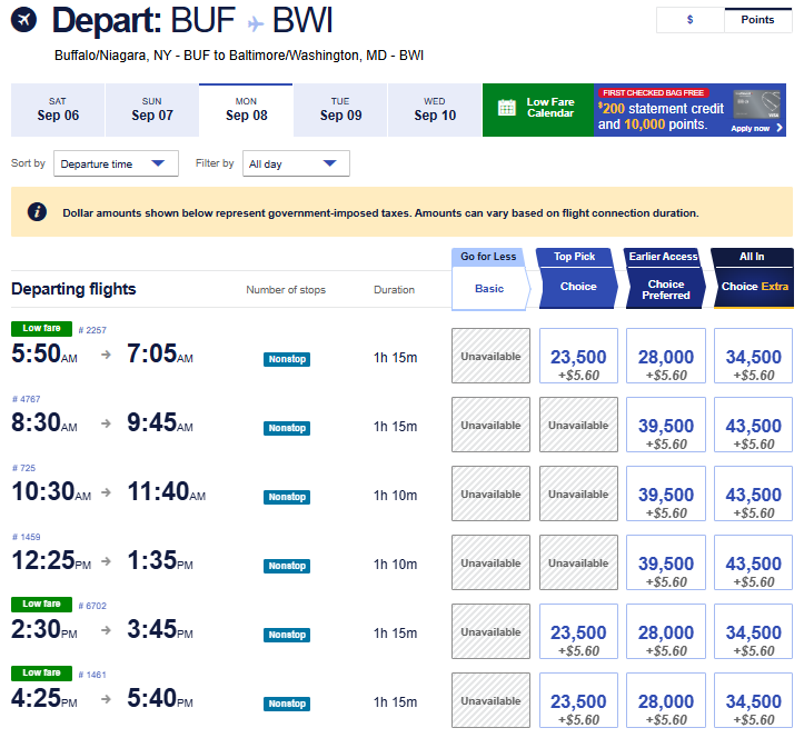 Southwest Airlines award chart showing Buffalo to Baltimore flights on September 8, 2025, with nonstop fares starting at 23,500 points plus $5.60.