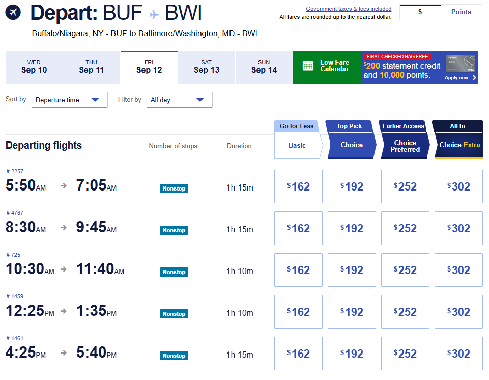 Buffalo to Baltimore nonstop flights on September 12, 2025 showing Delta fare options in Basic, Choice, Choice Preferred, and Choice Extra.
