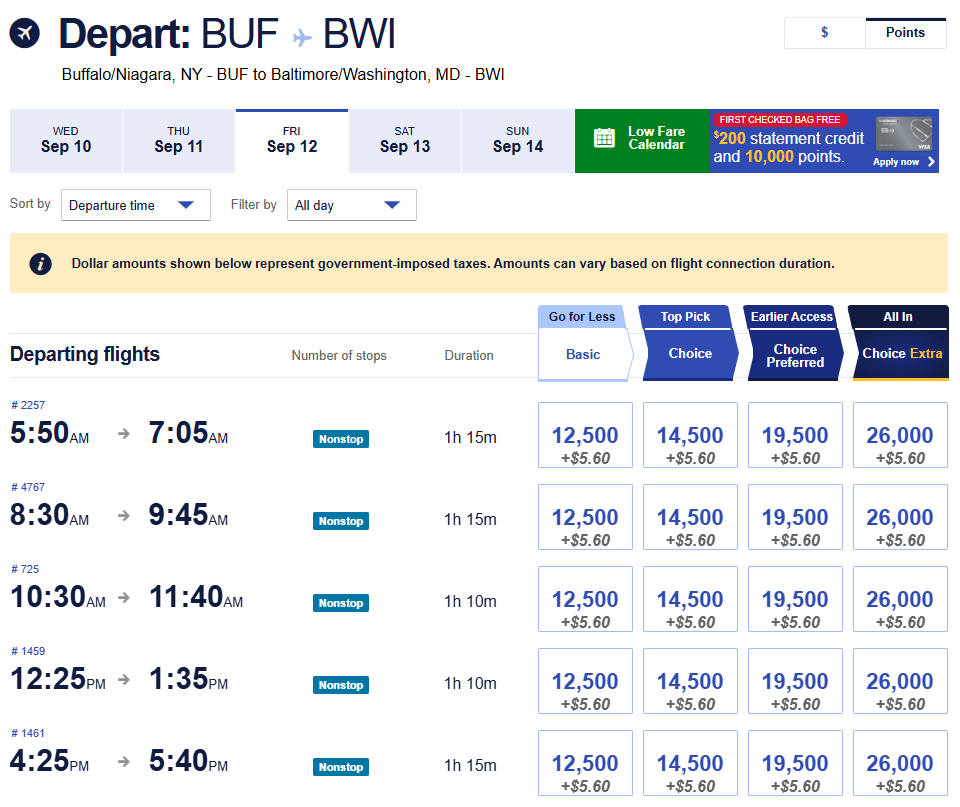 Southwest Airlines reward chart showing Buffalo to Baltimore nonstop flights in September 2025 with points ranging from 12,500 to 26,000 plus taxes