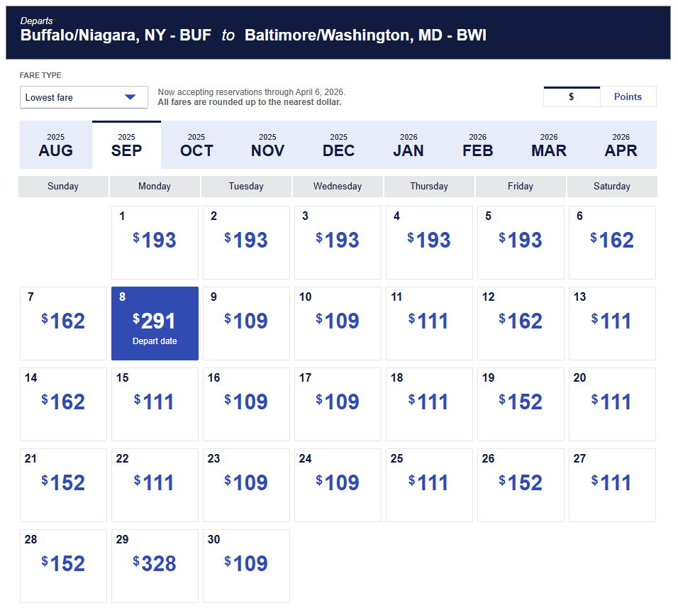 Lowest fare calendar for Buffalo to Baltimore flights in September 2025 showing prices from $109 to $328.