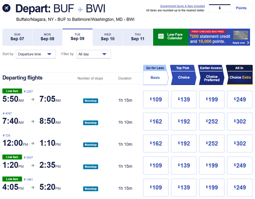 Southwest Airlines low fare calendar showing Buffalo to Baltimore flight prices for September 2025, with fares ranging from $109 to $328.