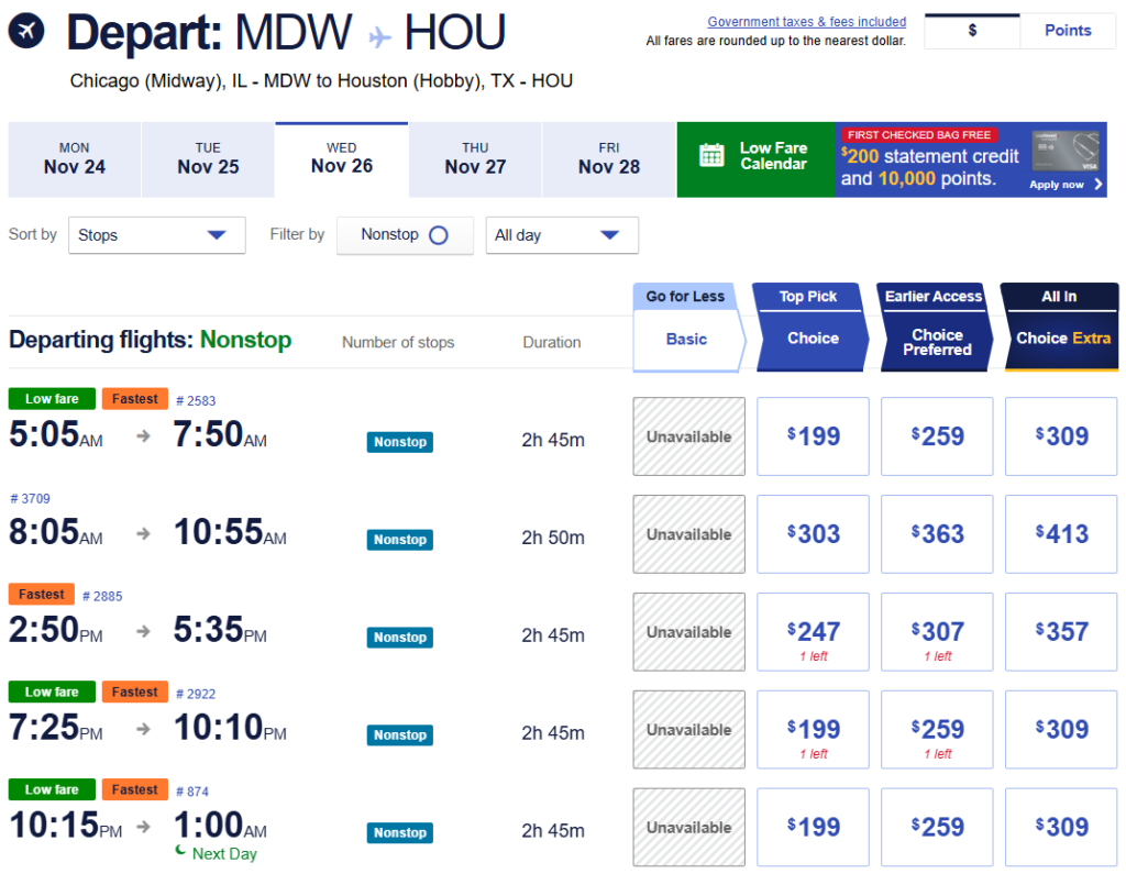 Southwest Airlines nonstop flight options and fares from Chicago Midway to Houston Hobby on November 26, 2025