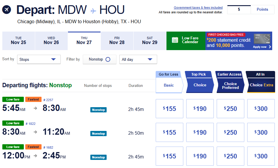 Low fare calendar showing November 2025 flights from Chicago Midway to Houston Hobby with fares starting at $155.