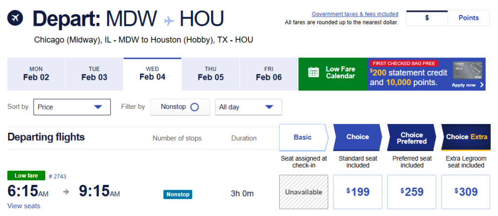 Flight fare options from Chicago Midway (MDW) to Houston Hobby (HOU) showing Basic, Choice, Choice Preferred, and Choice Extra seat prices.