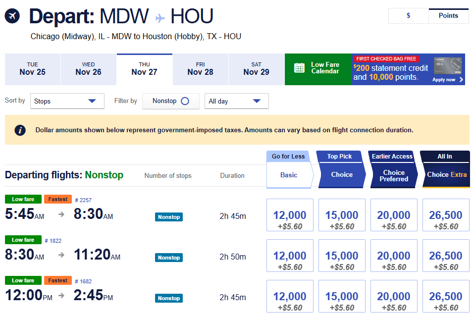 Chicago Midway to Houston Hobby nonstop award flight options on November 27, 2025, showing mileage costs from 12,000 to 26,500 miles plus fees
