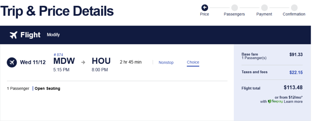Chicago Midway to Houston Hobby nonstop flight price details showing $113.48 total fare on November 12.
