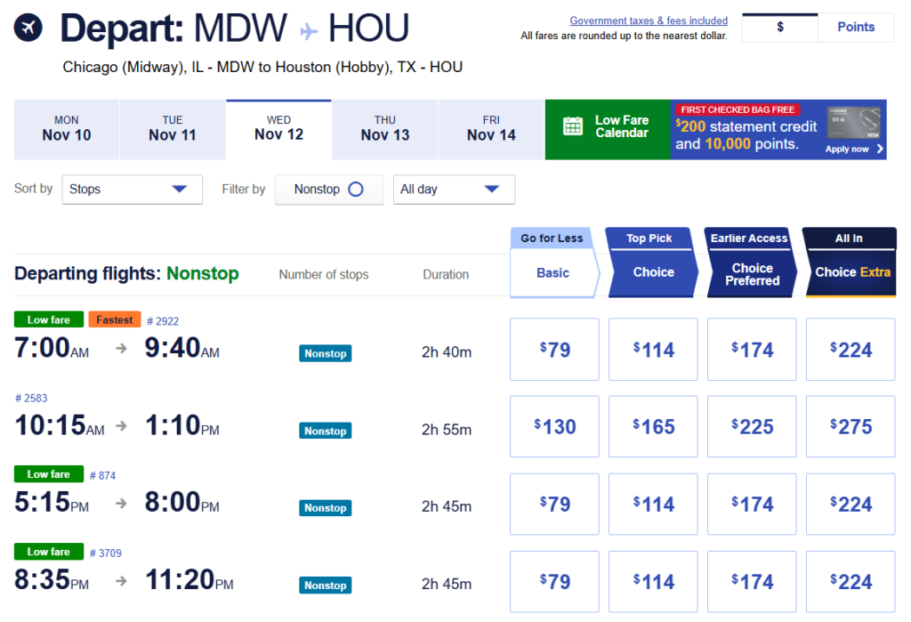 Southwest Airlines nonstop flight prices from Chicago Midway to Houston Hobby in November 2025
