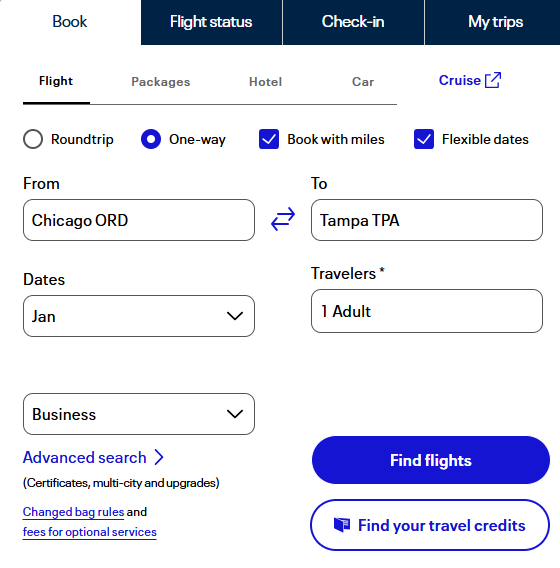 Flight booking search showing Chicago ORD to Tampa TPA business class award with flexible dates.