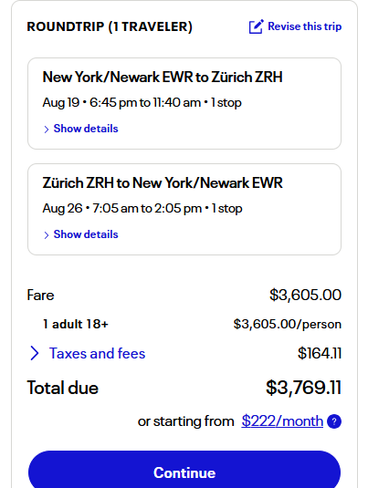 Roundtrip fare summary showing Newark to Zurich flights in August 2025 with total cost of $3,769.11 including taxes and fees.