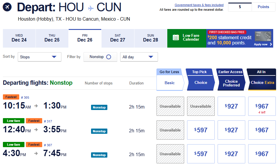 Low fare calendar showing December 2025 flight prices from Houston Hobby (HOU) to Cancun (CUN), with fares starting at $597.